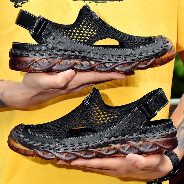 

fashion roman style summer mesh beach handmade leather mens gladiator outdoor men's sandals mx200617, Black
