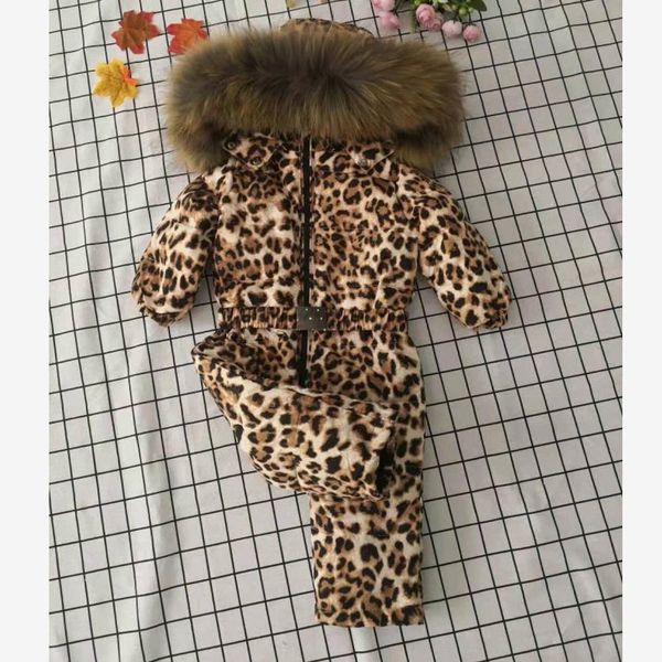 

down jumpsuit for children hooded snow wear thicker warm outerwear real fur collar leopard print kids winter down jackets y1704, Blue;gray
