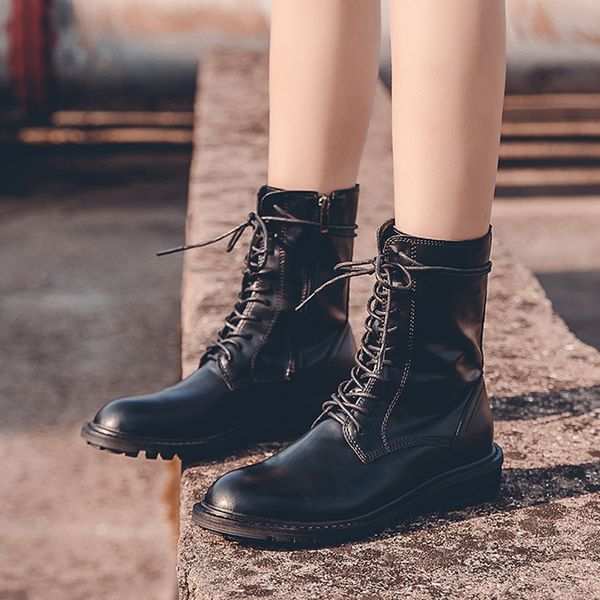 

women's mid calf boots shoes lace up booties ladies luxury designer low heels booties bootee woman 2019 round toe mid-calf fashi, Black