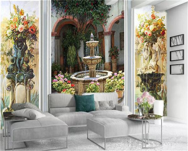 Wholesale 3d обои красивый европейский ландшафт искусственный фонтан гостиная спальня изысканные шелковые обои