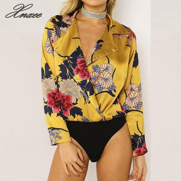 

xnxee women ladies floral print tuxedo wrap over satin bodysuit 2019 women bodysuits 2019 floral print, Black;white