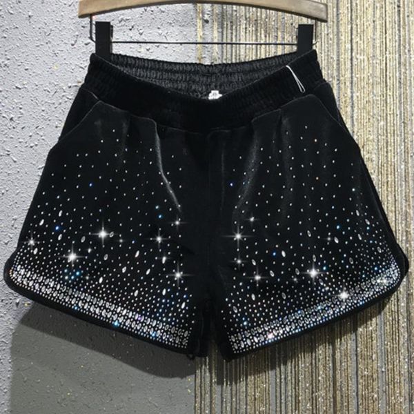 

autumn winter fashion gold velvet drilling elastic waist shorts women loose wide leg shorts, White;black