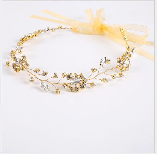 

european golden crystal head with wedding dress diamond accessories bride hair ribbons, Slivery;golden