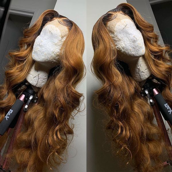 

ombre brazilian colored 13Ã6 hd transparent lace front human hair wigs for black women loose deep wave frontal wig pre plucked, Black;brown