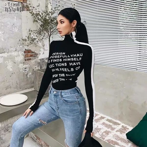 

xibani casual letter print womens high neck black and white contrast bottoming with long sleeves in autumn winter shirt