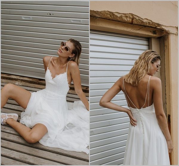 

2019 bohemian beach chiffon wedding dresses lace appliqued boho sapghetti strap lihi hod bridal gowns a line wedding dress, White