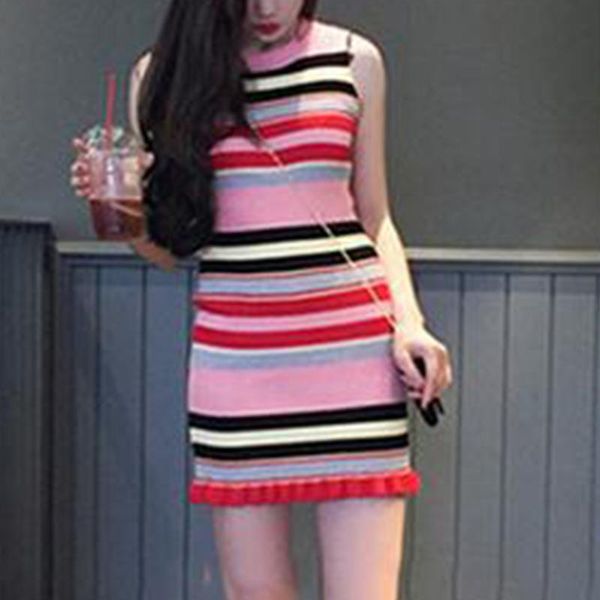 

wrap hip summer dating knitting slim fit sleeveless outwear crew neck striped pattern women dress, Black;gray