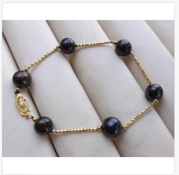 

10-11mm natural round south sea black pearl bracelet 7.5-8" 14k yellow gold c