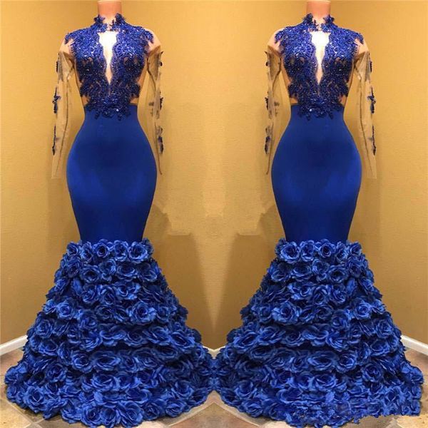 

royal blue rose mermaid prom dresses deep v neck sheer long sleeves evening gowns floor length formal party dressvestido de fiesta, Black;red
