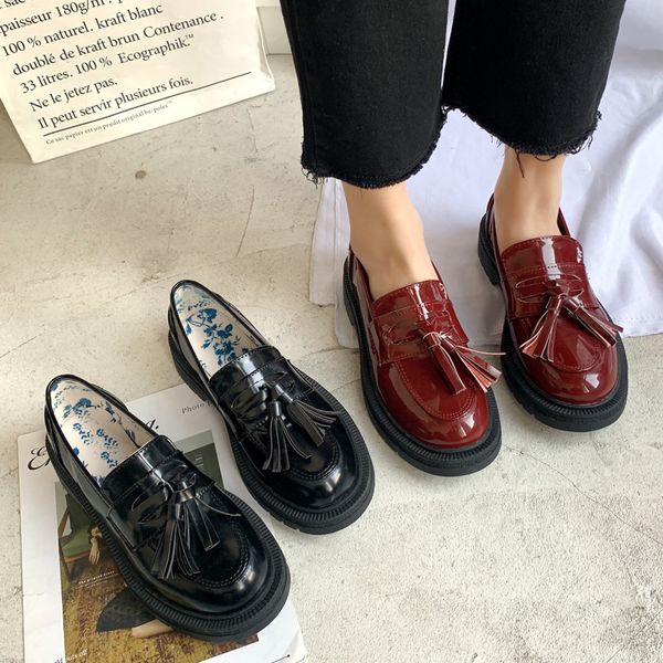 

casual woman shoe round toe shoes on heels fringe oxfords women's all-match british style modis female footwear tassel, Black