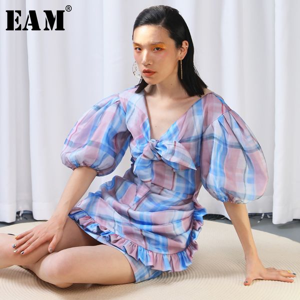 

eam] 2019 new spring summer v-neck short sleeve blue plaid bow printed loose temperament dress women fashion tide ju086, Black;gray