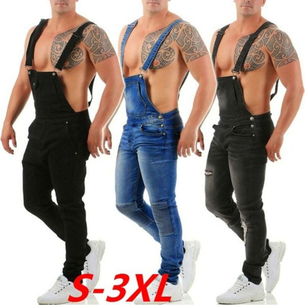 

men denim dungaree overalls painters bib jumpsuits slim fit ripped jean pants uk, Black
