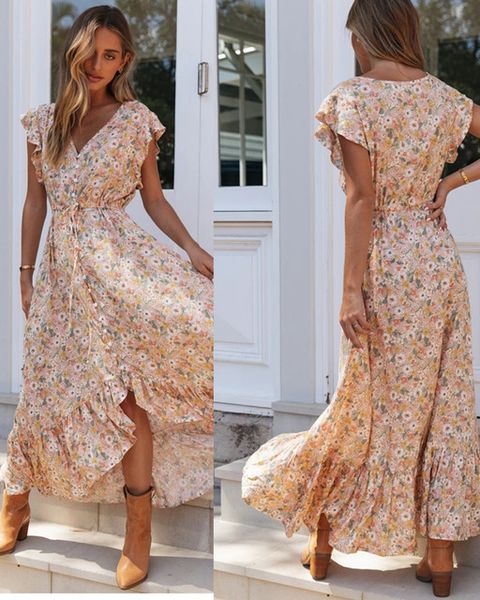 

v neck floral print long dress women ruffles fahsion dresses, Black;gray