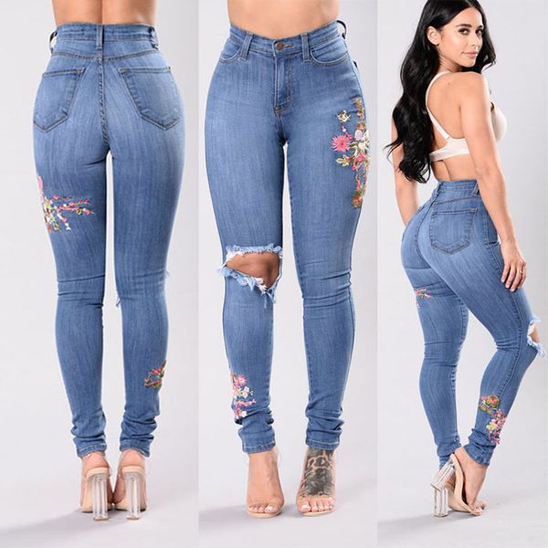 

womens designer jeans denim floral embroidery high stretch jeans big yard light dark blue leggings pants high waist pants3xl