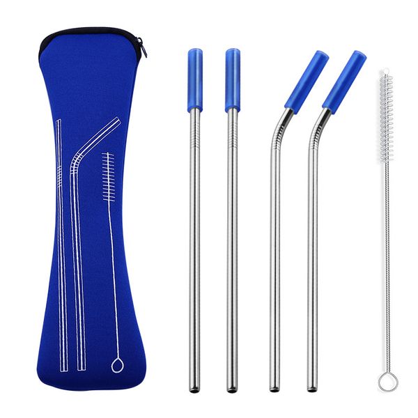 

6pcs eco-friendly metal straw reusable stainless steel straws set straight bent drinking with silicone straws cleaner brush set