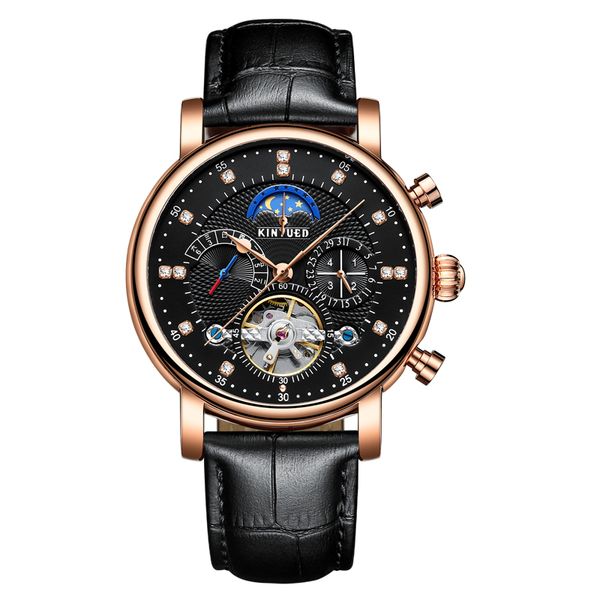 

mens watch mechanical automatic movement moon star hollow genuine leather band man wristwatch reloj hombre, Slivery;brown