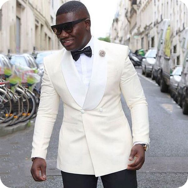 

latest coat pant design ivory groom wedding tuxedos men suits white shawlhawl lapel men blazer two pieces summer beach bridegroom jacket, Black;gray