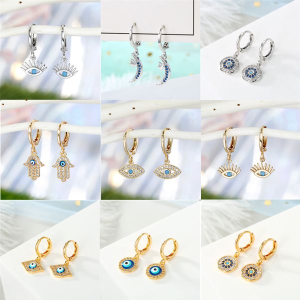 

dayoff turkey small rhinestone evil eye plam hoop huggie earrings for women trendy moon turkish earings circle jewelry gift, Golden;silver