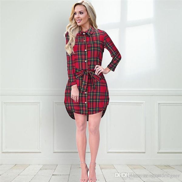 

летние дизайнерские рубашки платья лацкан шеи линия с длинным рукавом модная одежда пояса повседневная одежда плед печати женские, Black;gray