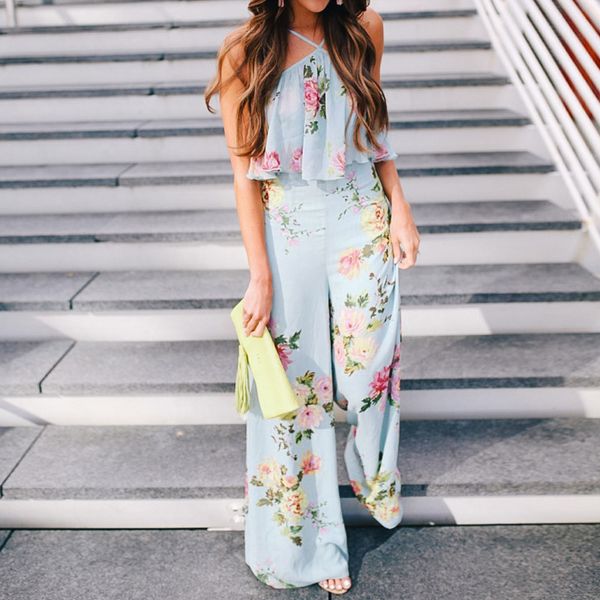 

2019 new summer elegant women strap floral ladies sleeveless backless bohemian wind jumpsuit long wide leg trousers 4.9, Black;white
