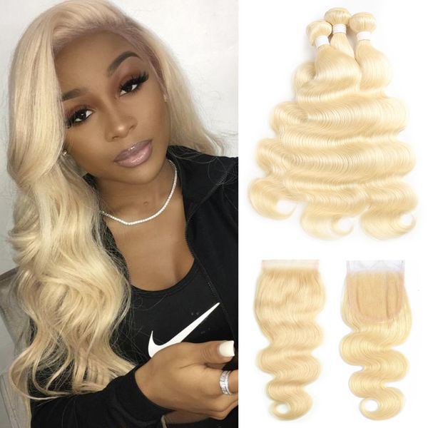 

613 blonde hair extensions бразильские волос плетение связки 3 шт с 4x4 lace closure средний свободная часть 100% человеческих волос соткать, Black;brown