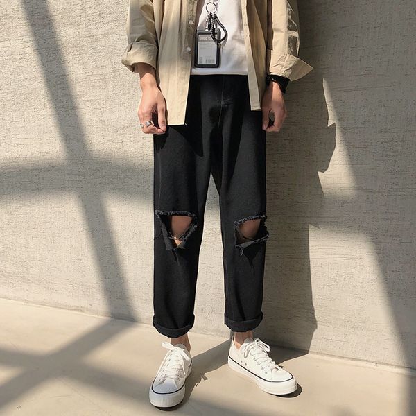 

autumn new jeans men fashion washed solid color casual denim trousers man streetwear wild hip hop loose hole jeans male clothes, Blue