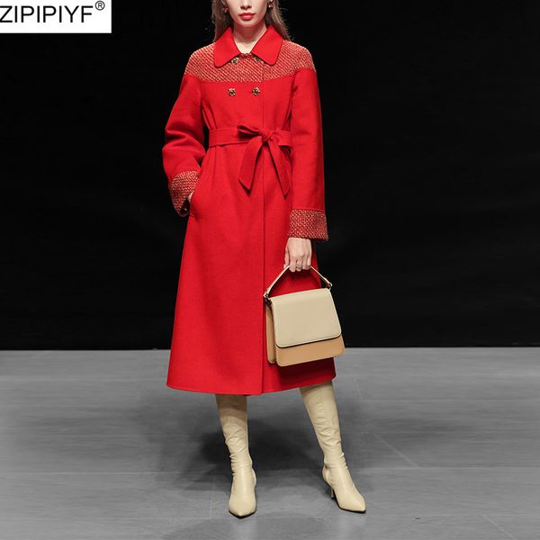

2020 spring fashion new style elegant long sleeve red patchwork turn down collar woolen coat vintage woolen sash trench coat, Black