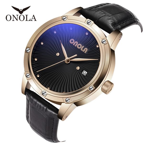 

onola 3803 brand unique business man luxury leather date clock fashion casual waterproof men quartz watches relogio masculino, Slivery;brown