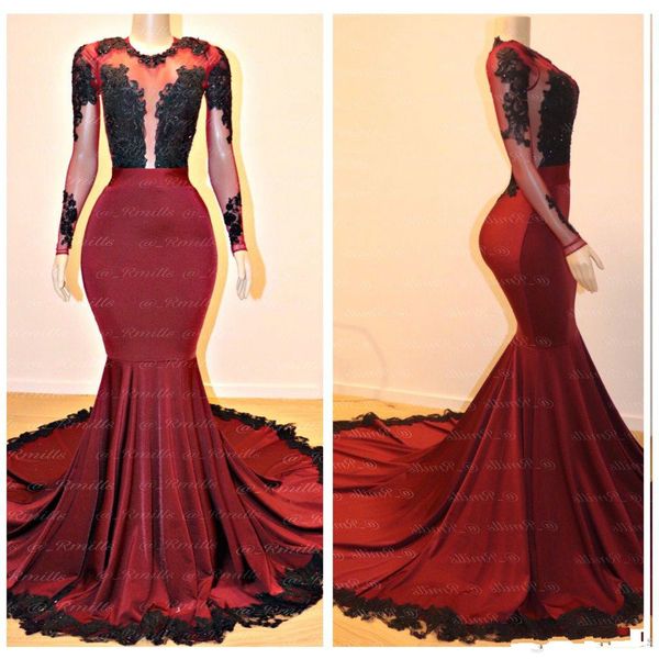 

2020 burgundy sheer long sleeves satin mermaid long prom dresses lace applique backless sweep train evening gowns vestidos de festa, Black