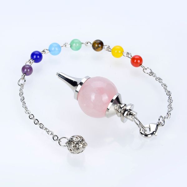 

new natural stone purple crystal carnelian opal lapis quartz ball chain dowsing pendant healing chakra pendulum with beads chain, Silver
