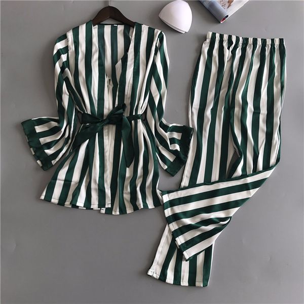

autumn silk winter pajamas women women's pajamas with pants satin set nightwear sashes sleepwear, Blue;gray