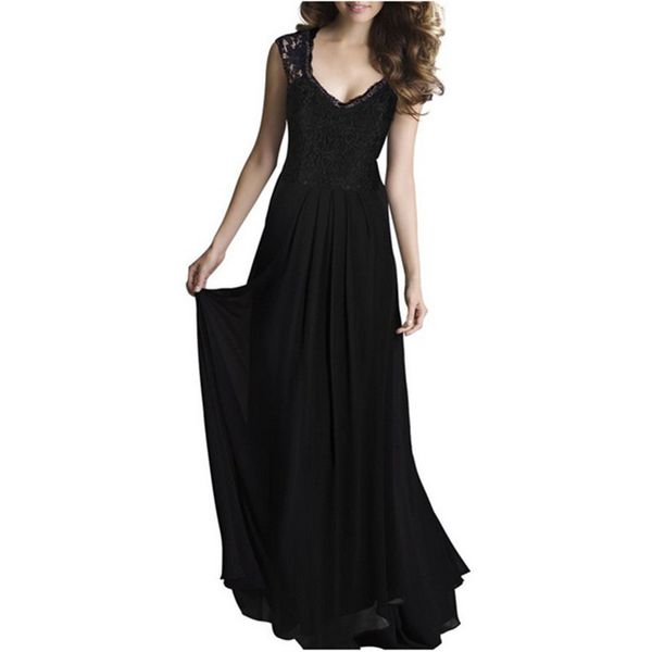 Sommer Frauen Spitze Chiffon Volles Kleid Nähte Einfarbig Bodenlangen Ärmellose Party Cocktail Elegantes Einteiliges Formales Kleid