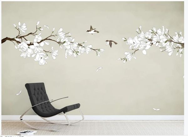 splendido scenario Carte da parati moderne minimalista dipinti nuova mano stile cinese bianco magnolia background bianco decorazione della parete della pittura