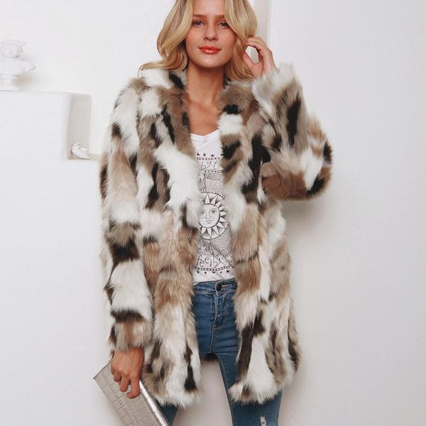 

faux fur coat plus size women autumn winter fluffy 2019 plush coat print long sleeve cardigan warm soft outwear, Black