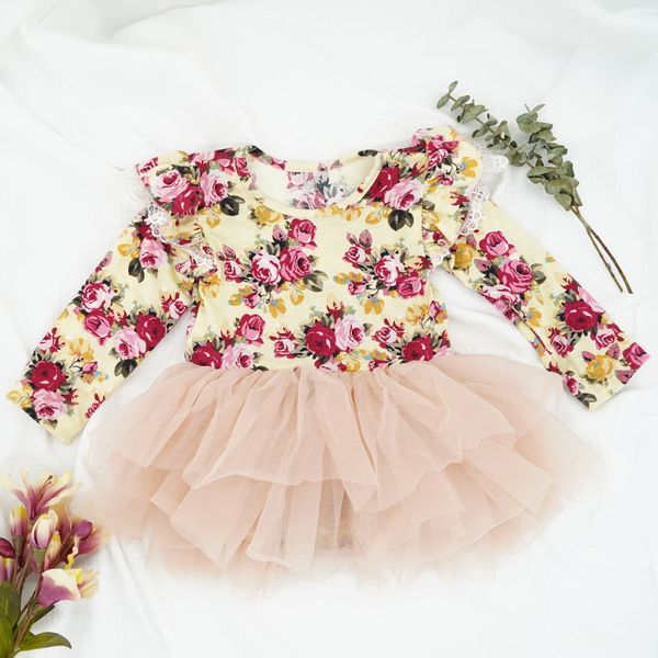 

2020 easter baby girl dress floral gauze long sleeve cake dress princess bodysuit baby clothes 0-2y e040, Red;yellow