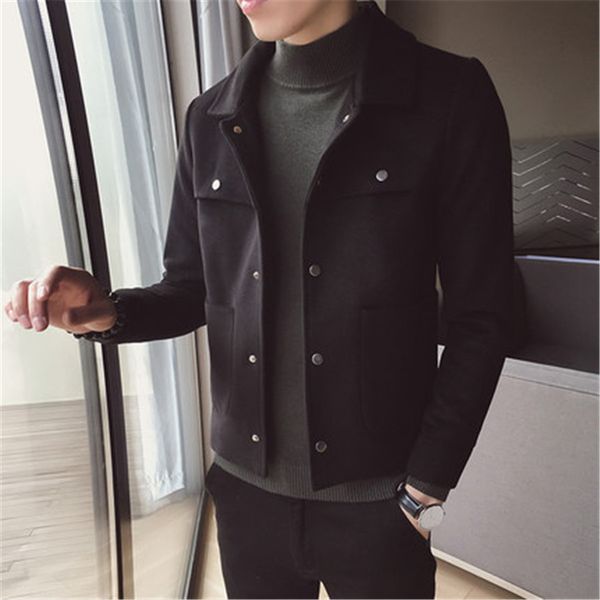

2019 new short windbreaker korean version of the trend handsome slim wool large size men's coat casual woolen coat, Black