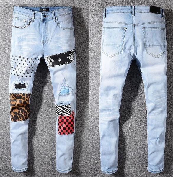 

european standing men's jeans, men's jeans, a pair of skinny jeans and black embroidered skulls#0165, Blue