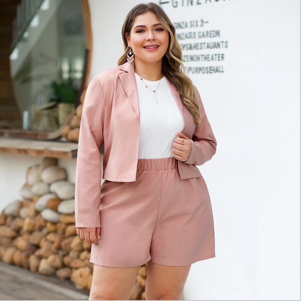 

plus size women's sets suits pink color full sleeve short pants european and american style fashion elegant suits for women, White;black
