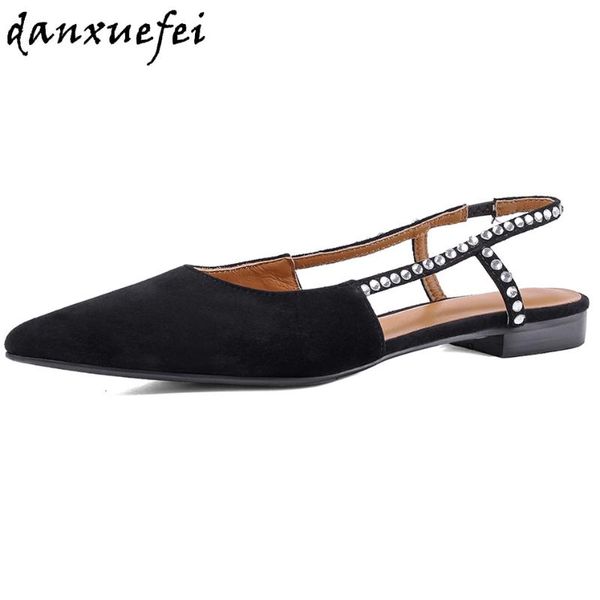 

women's natural suede leather slingback slip-on pointed toe flats sandals crystal female black elegant ladies casual daily shoes