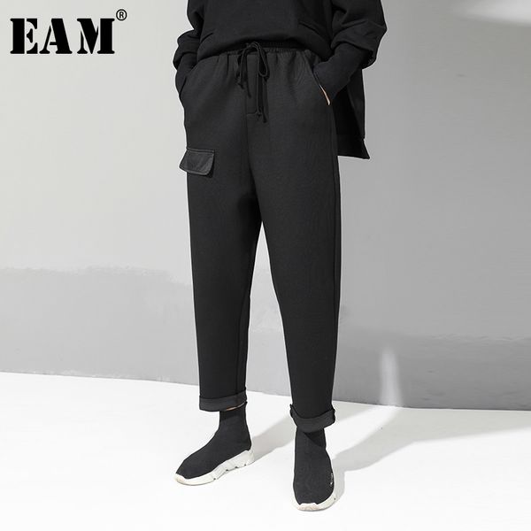 

eam] 2020 new spring autumn high elastic waist loose loose pocket split joint harem pants women trousers fashion jx5080, Black;white