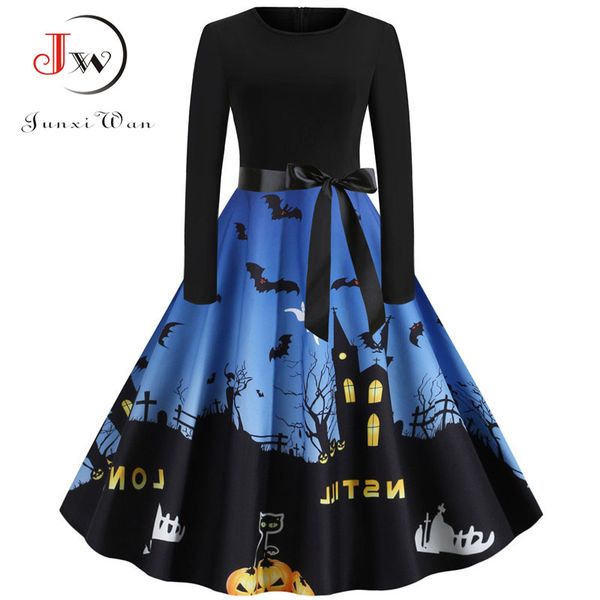 

junxi wan halloween pumpkin print casual long sleeve vintage dress 2019 winter black patchwork elegant party pinup robe vestidos, Black;gray