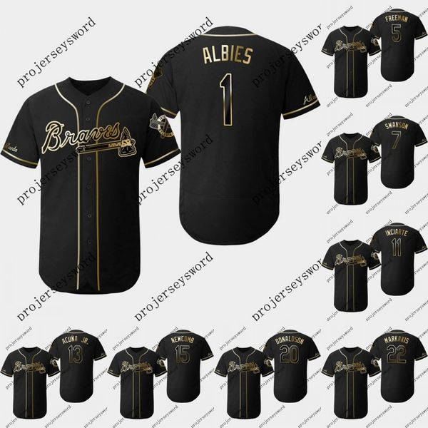 

Atlanta 2019 Golden Edition Jersey 1 Ozzie Albies 5 Freddie Freeman 7 Dansby Swanson 11 Ender Inciarte Men Lady Youth Braves Baseball Jersey