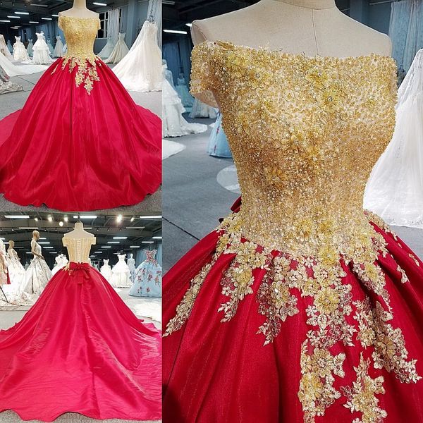 Saudi-Arabien vestidos de novia Funkelnde 3D-Applikation mit Goldperlen Hofzug Ballkleid Hochzeitskleid Echte Bilder