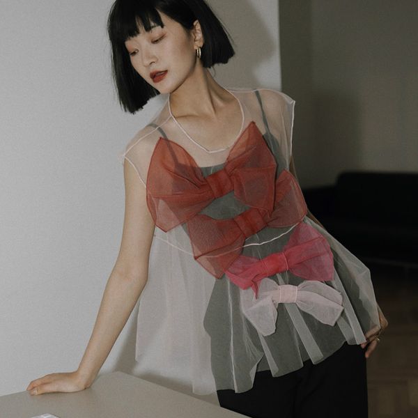 

zcsmll white perspective split joint flowers design tide hit color bowknot mesh gown women short sleeveless loose blouse