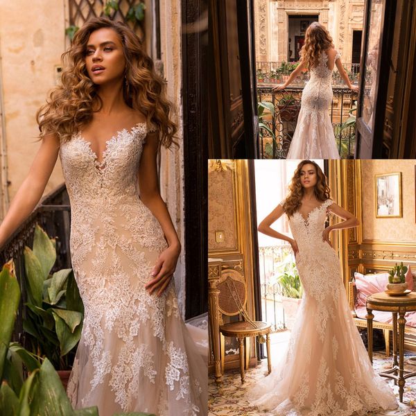 Sexy Sheer Neck Tüll Brautkleider 2020 Spitze Applique Meerjungfrau Brautkleider Button Zurück Ärmellos Kapelle Zug Vestido De Novia