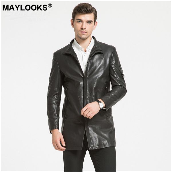 

maylooks 2019 autumn winter leather coat, men's lapel zipper, sheep leather jacket. ws141, Black