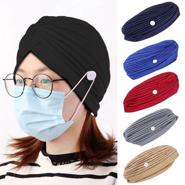 

button cap for women muslim turban caps ear protection solid color plait stretch turban head wrap hat with masks hooks summer, Yellow;black