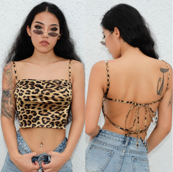 

women leopard printed cami halter crop summer backless sleeveless blouse vest, Gray;blue
