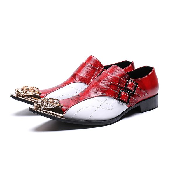 

black red splice italian shoes mens pointed metal toe dress shoes genuine leather stylsih buckle strap claquette wedding