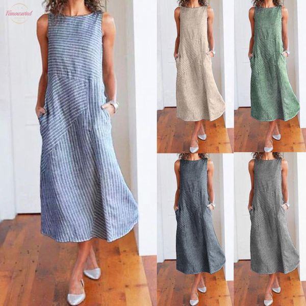 

2020 fashion simple sweet women casual striped sleeveless dress crew neck linen pocket long dress vestidos, Black;gray